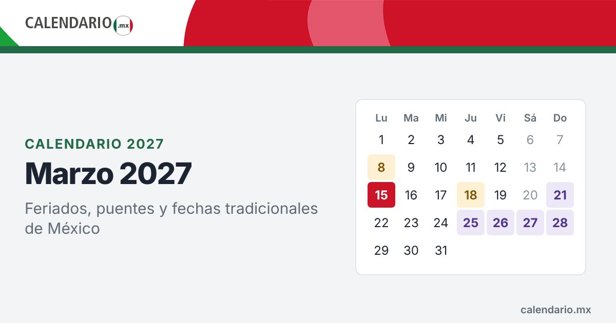 Calendario de marzo de 2027 con feriados de México