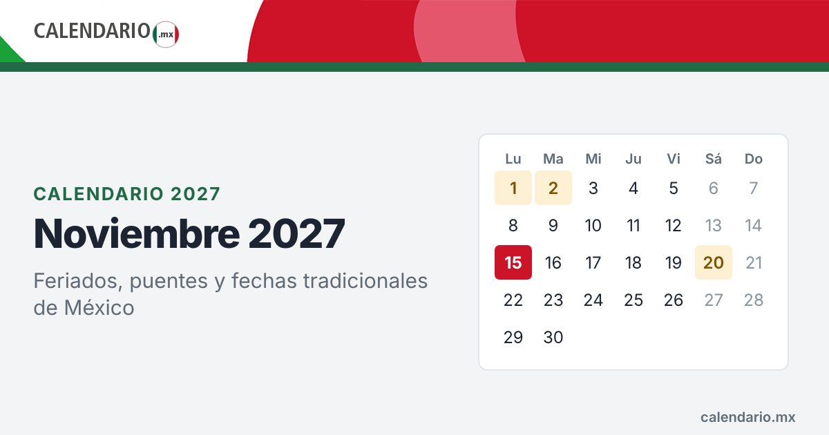 Calendario de noviembre de 2027 con feriados de México
