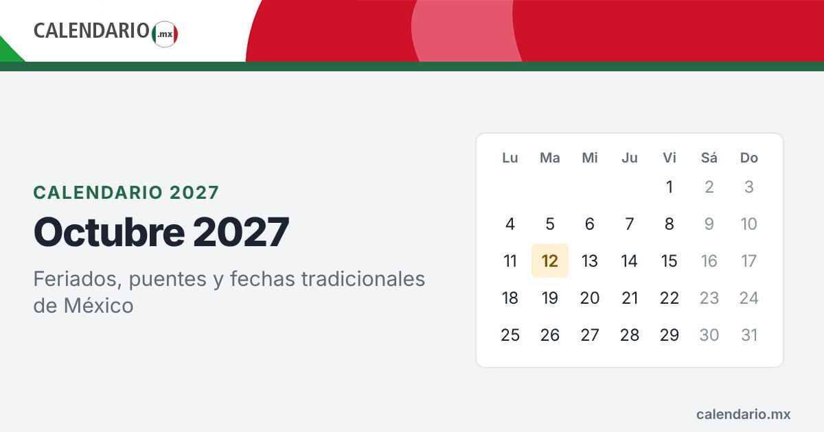 Calendario de octubre de 2027 con feriados de México