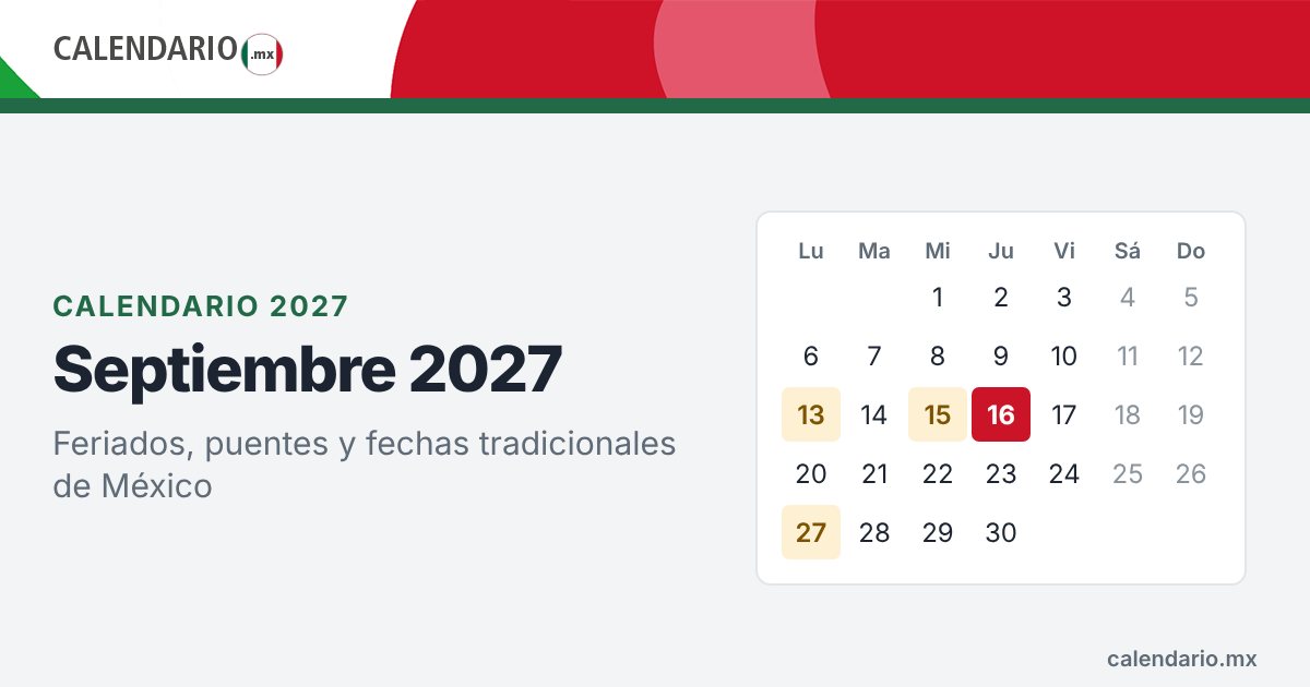 Calendario de septiembre de 2027 con feriados de México