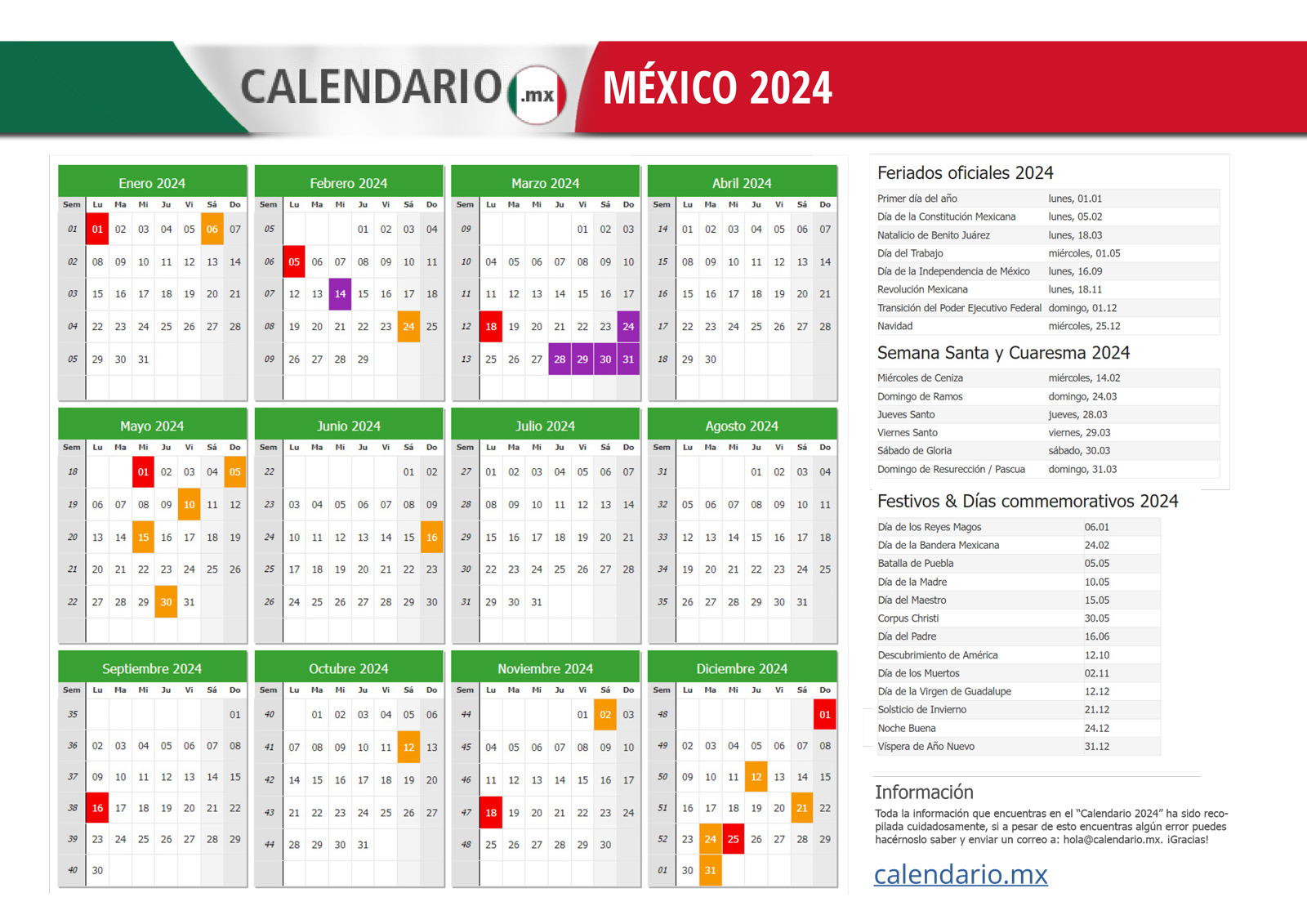 Calendario colorido en español para 2024 la semana comienza el